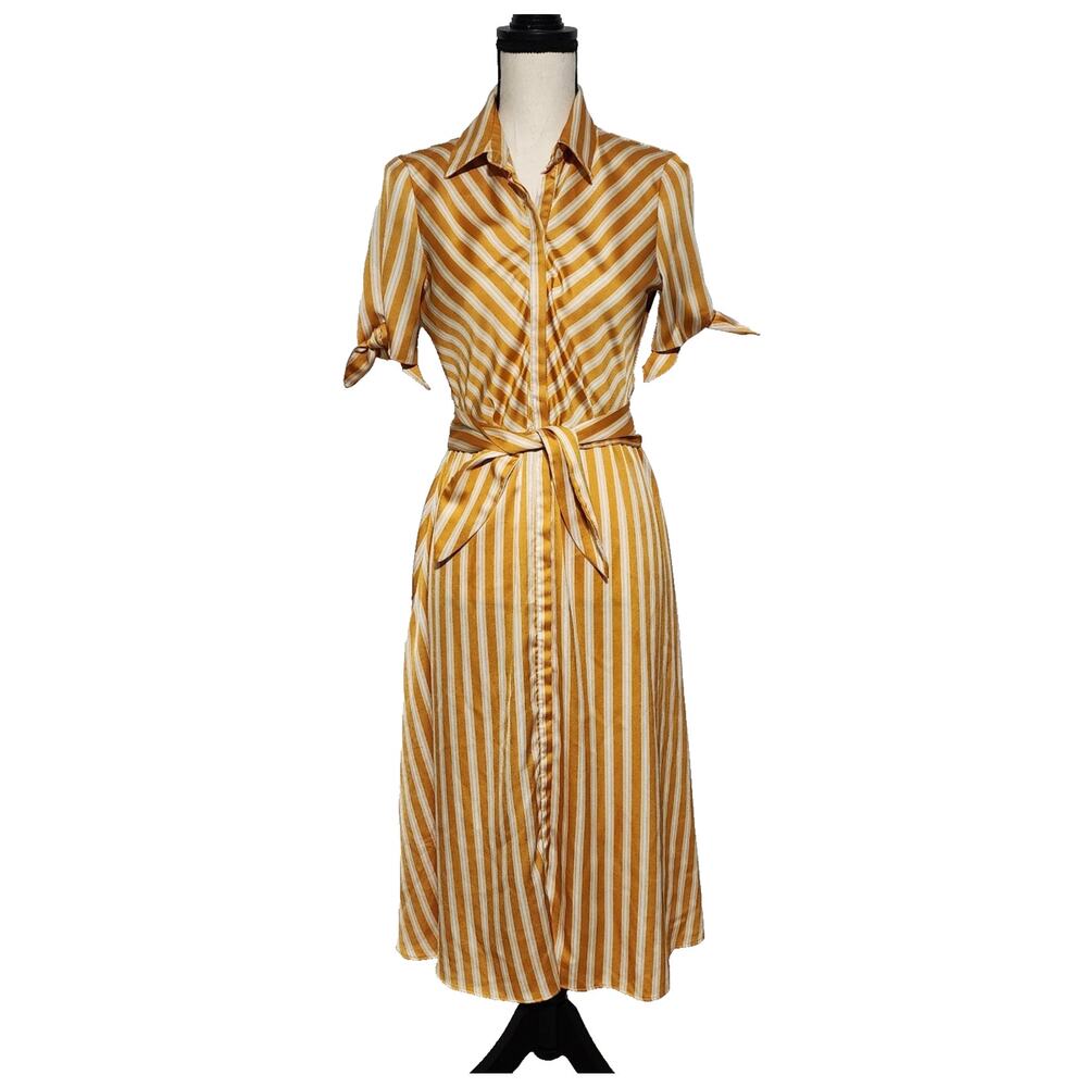 Mango Mustard Yellow/White Striped Button-Down Midi Fit And Flare Dress Size Sm